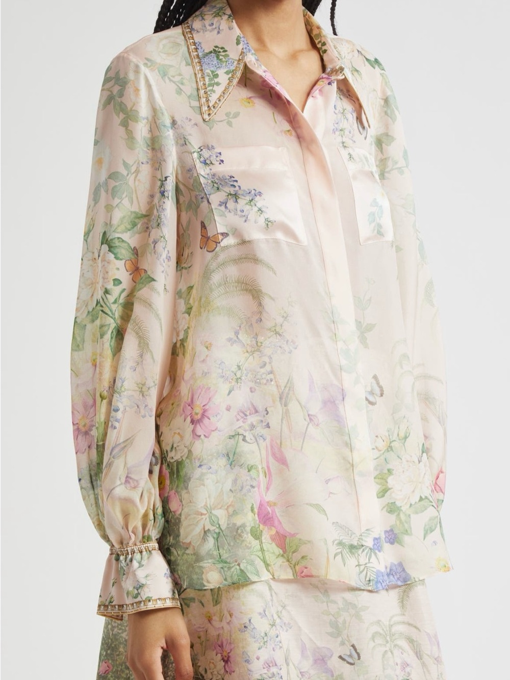 Camilla Pastel Floral Sheer Button-Down with Beaded Collar - Picture 3 of 4